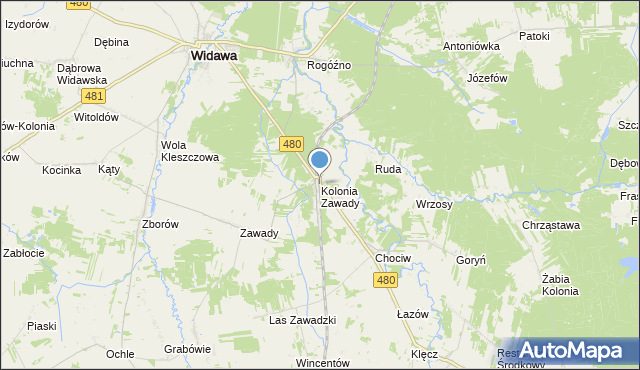 mapa Kolonia Zawady, Kolonia Zawady gmina Widawa na mapie Targeo